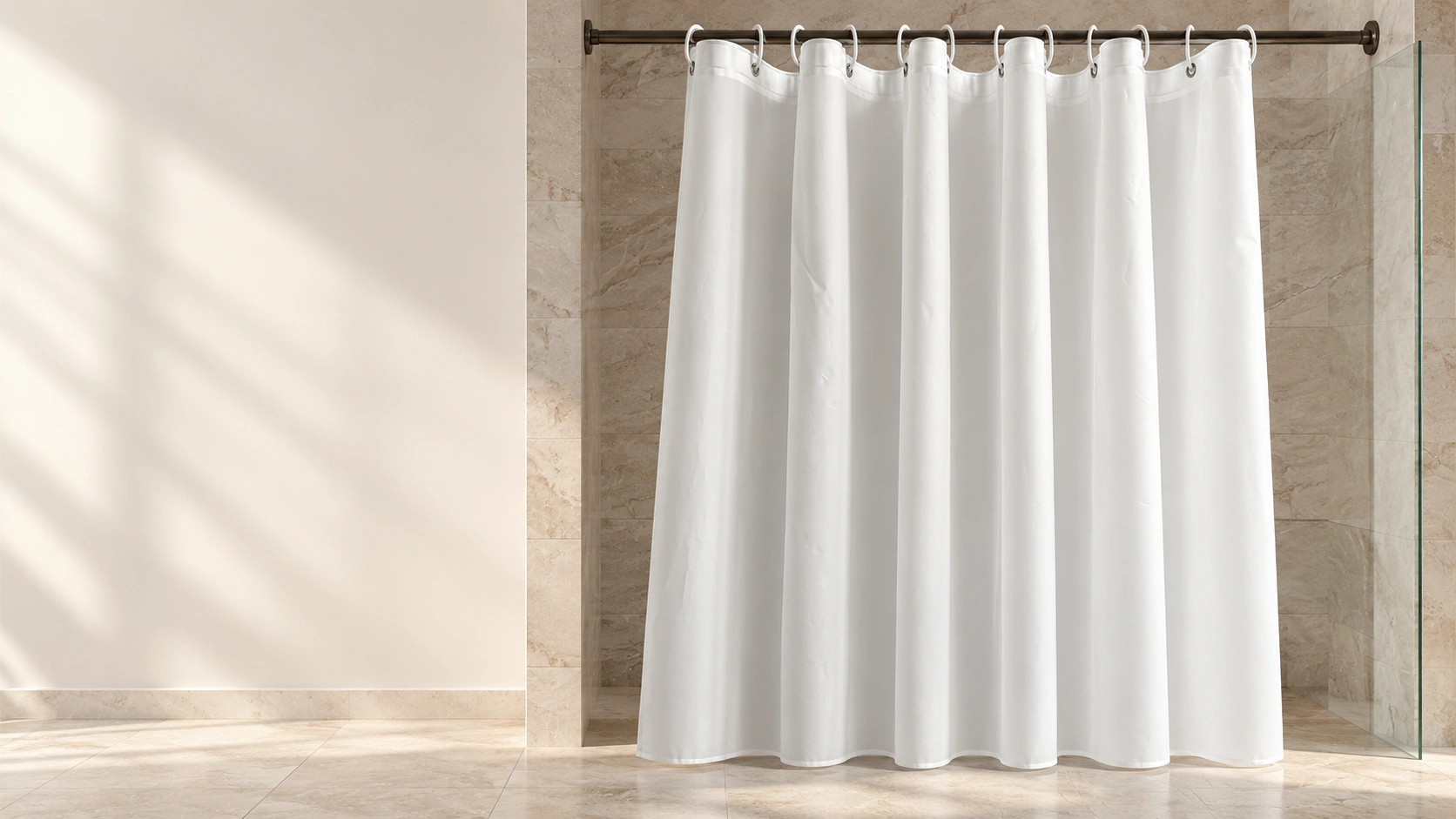 Plain white Simuloon shower curtain in a generated bathroom settingslider_item_1